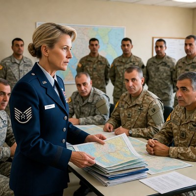 Military briefing with maps in command room