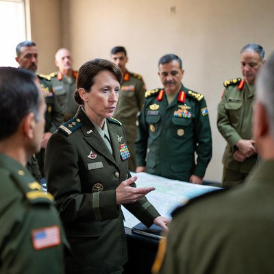 Military meeting with officers in command room