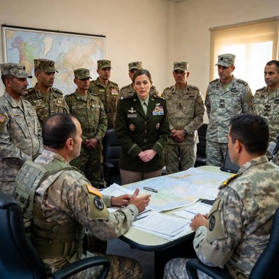 Military leaders discuss strategy in briefing room