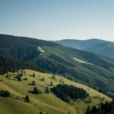 Rolling hills and forest landscape in daylight