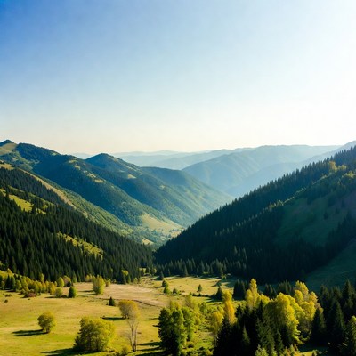 Mountain valley with trees and hills