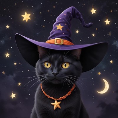 Black cat wearing witch hat at night