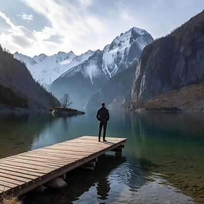 Man standing on dock by lake