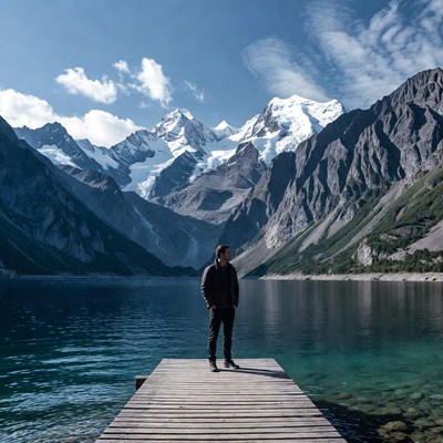 Mountains and lake with a man standing