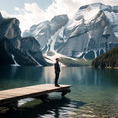 Man stands on dock by lake with mountains
