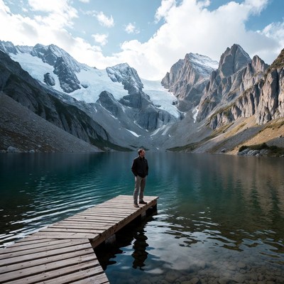 Man stands on dock by mountain lake