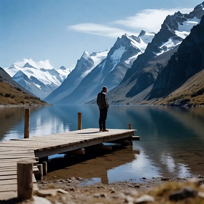 Mountain lake, wood dock, and man