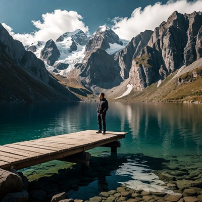Man standing on wooden dock by lake
