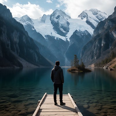 Man stands on dock in mountain lake
