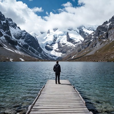 Man standing on dock by lake