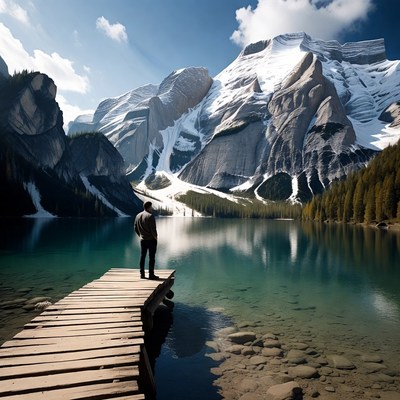 Man stands by mountain lake