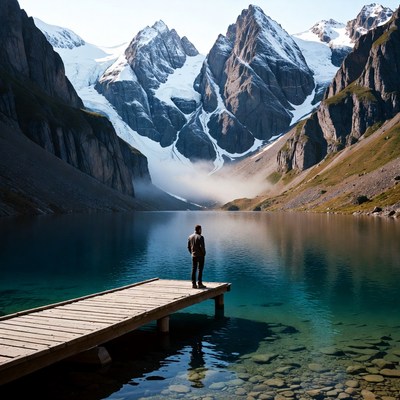 Standing by the mountain lake