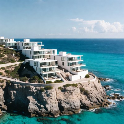 Modern homes on cliff edge by ocean