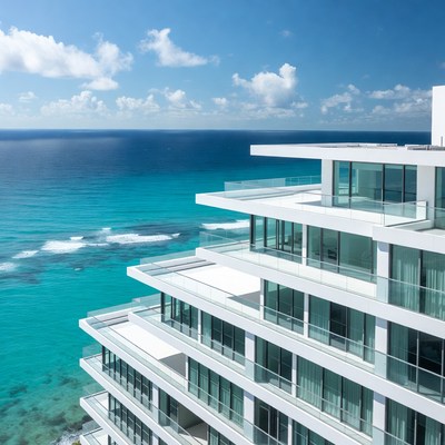 Modern building against ocean backdrop
