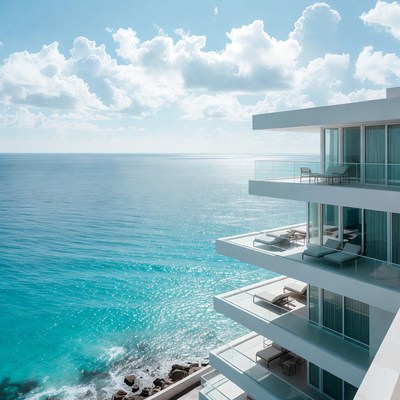Ocean view from modern building balcony