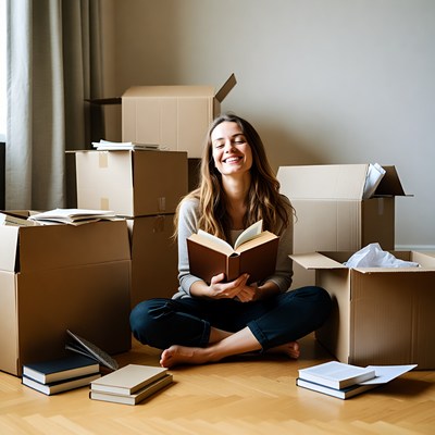 Person reads book while unpacking boxes