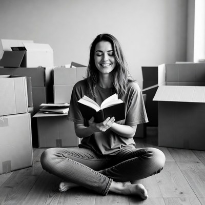 Woman reading in moving day