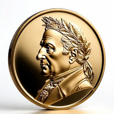 Gold coin with profile of a historical figure