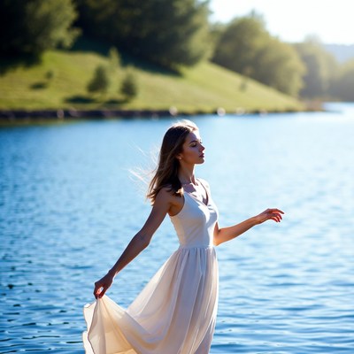 Woman walking by the water