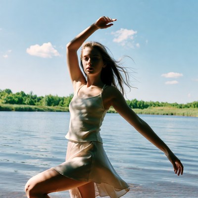 Dancer near the river on a sunny day