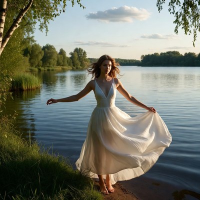 Woman dancing by the lake