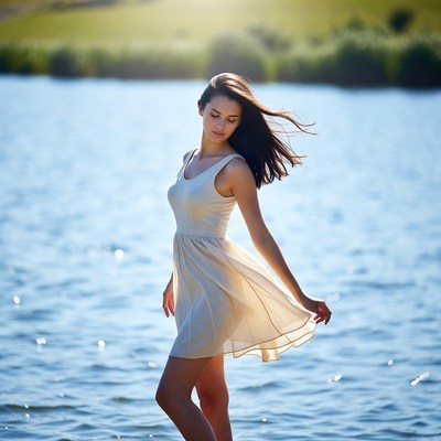Woman by the water in sunlight