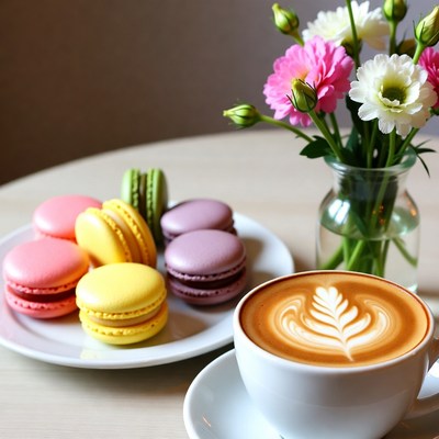 Coffee and macarons at a cafe