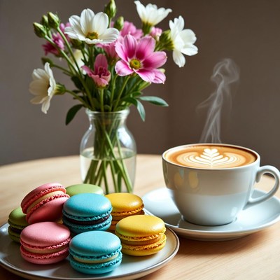 Coffee and macarons with flowers