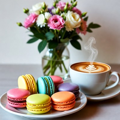 Colorful macarons and coffee in a cozy setting