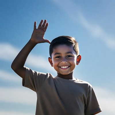Boy waving in sunny sky