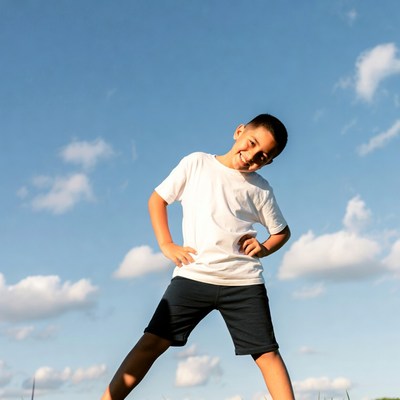 Boy playing outdoors under blue sky