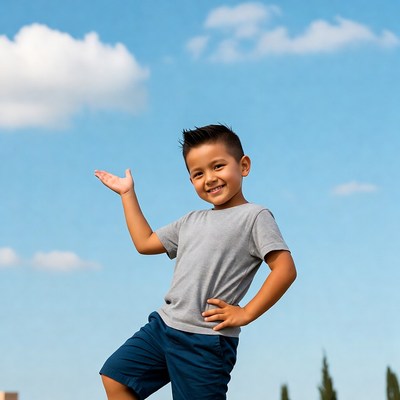 Boy posing outdoors under blue sky
