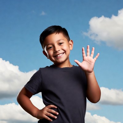 Happy child waves under blue sky
