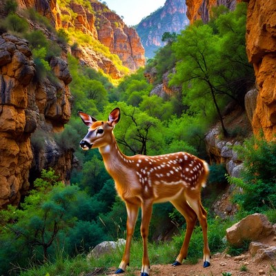 Deer stands near rocky canyon walls