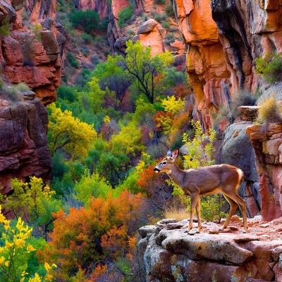 Deer stands on rock in canyon