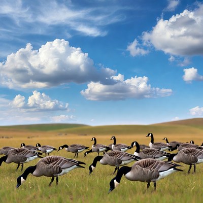 Geese grazing in open field
