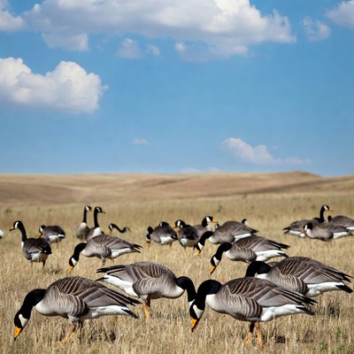 Geese feeding in open field