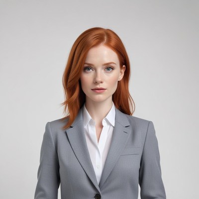 Businesswoman in gray suit stands still