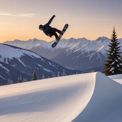 Snowboarder jumps in mountain sunset