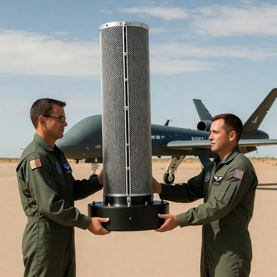 Two crew members carry equipment