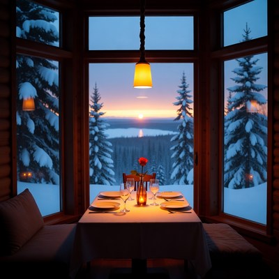 Sunset dining in winter cabin