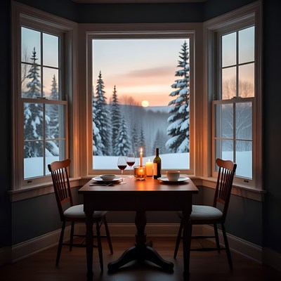 Cozy dinner at winter sunset