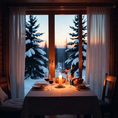 Dinner setting by snowy window