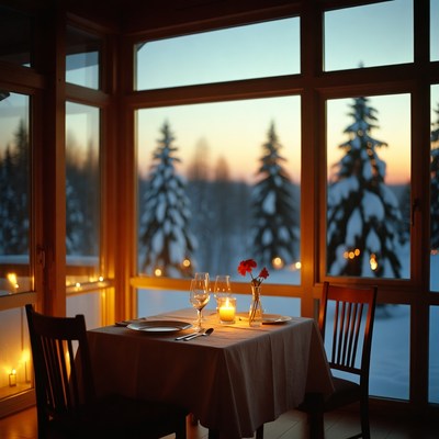 Cozy dinner setting with winter view