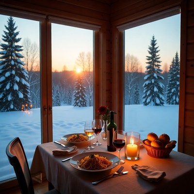 Dinner with sunset view in winter