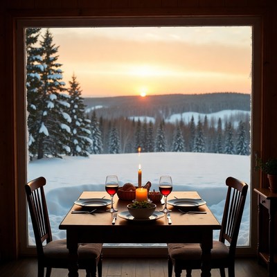 Dining with a view of snow and sunset
