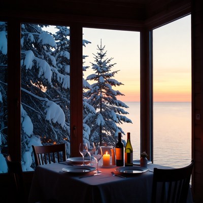 Dinner with a snowy view at sunset