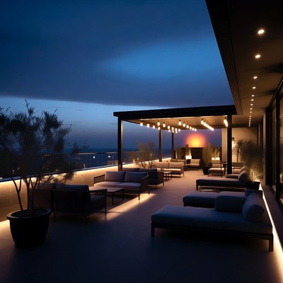 Evening view from a rooftop space