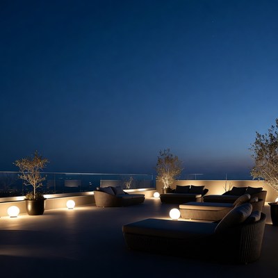 Rooftop lounge area at night
