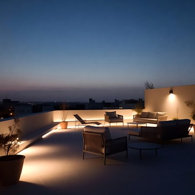 Rooftop seating area at dusk